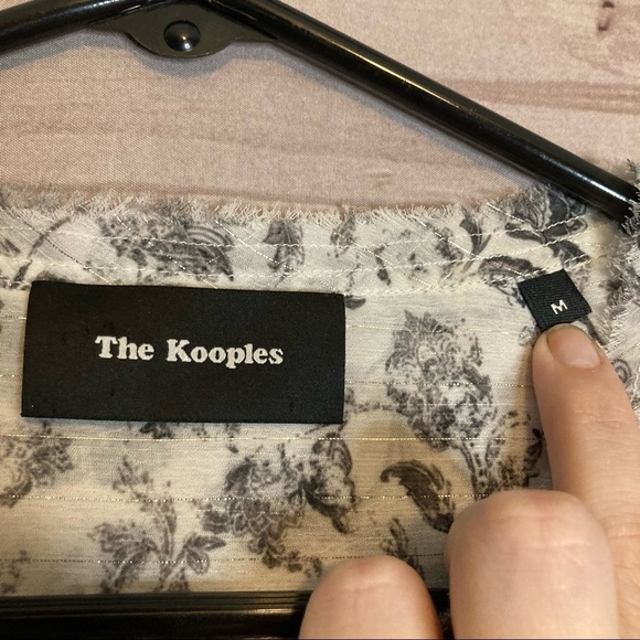 THE Kooples Baroque Print Floral Ruffle Lace Up Top In White - Picture 13 of 14